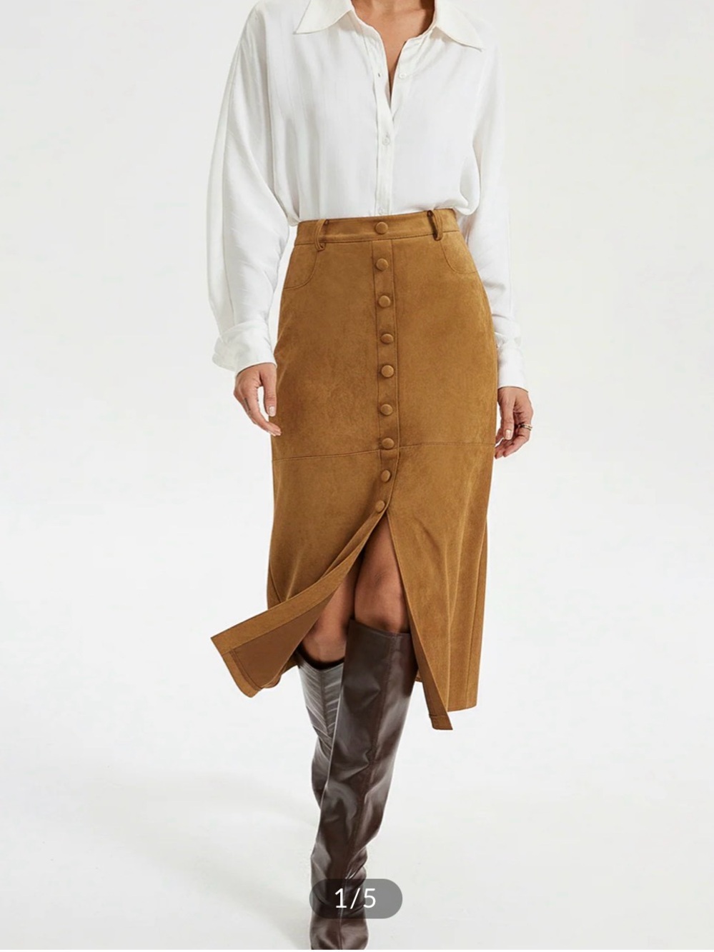NWT Commense Button-Front Midi Skirt in Camel Brown - Size S